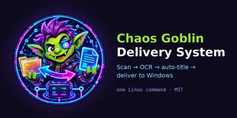 The Chaos Goblin Delivery preview: a goblin passing a folder between two arrows. 